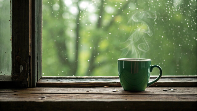 Cozy green mug of coffee on a windowsill during a rainy day