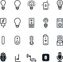 smart home and IoT device line icons in black and white. Include items like smart light, home automation hub, smart plug, temperature sensor, smart lock, surveillance camera, and voice assistant 4