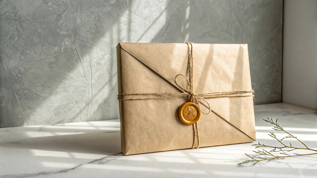 Gift wrapped in brown paper with twine and wax seal on marble surface with sunlight shadows