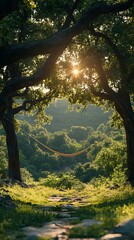 Fototapeta premium Hammock hangs valley trees sunny bliss photos