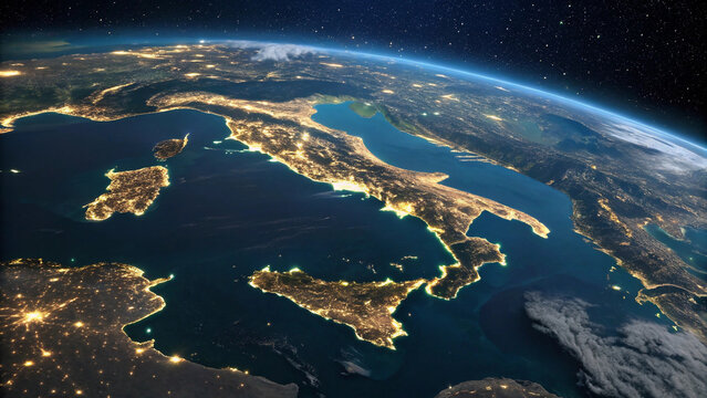 Illuminated italy and mediterranean sea from space at night - Powered by Adobe