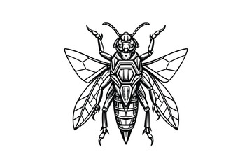 Obraz premium Detailed Line Art Illustration of a Robotic Wasp Featuring Intricate Mechanical Details and a Striking Black and White Design for Modern and Futuristic Themes
