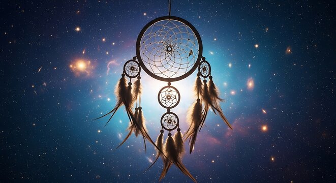 Dream Catcher Mystical Art with Feathers Against a Cosmic Starry Sky Background - Powered by Adobe