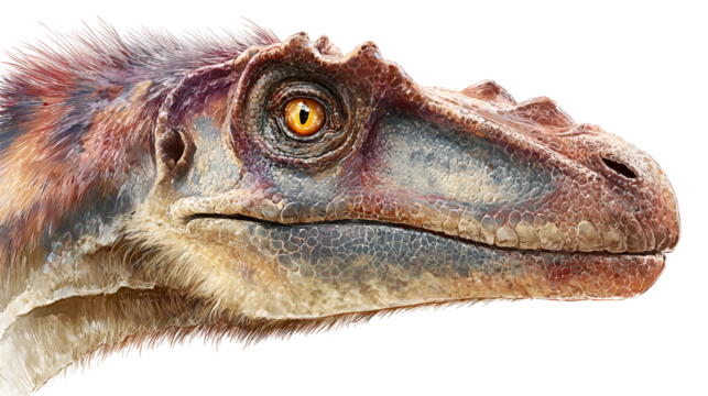 Detailed close up of a fearsome velociraptor dinosaur head isolated on transparent background