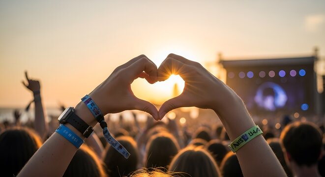 Crowd at Sunset Music Festival with Hands Forming Heart Shape and Sunburst