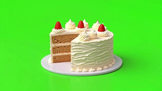 Sliced cake with white frosting and strawberry decorations on green screen background