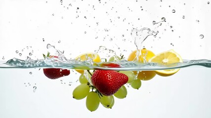 Assorted fruits splashing in water with strawberries lemons and grapes on a white background - Powered by Adobe