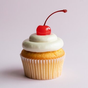 Vanilla cupcake with white frosting and cherry red cherry