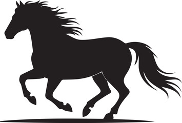 Elegant black silhouette of a running horse in motion. A powerful galloping stallion with a flowing mane, isolated vector illustration. a123.eps