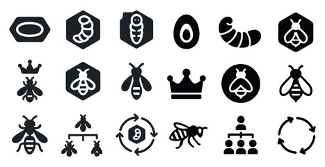 Set of black and white icons of insects, including bees, caterpillars, and eggs