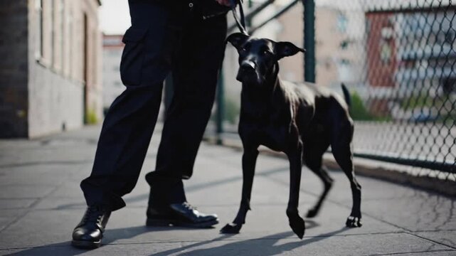 Guard Canine on Duty: Security Dog Leashed and Alertly Staring at Camera Protection and Surveillance