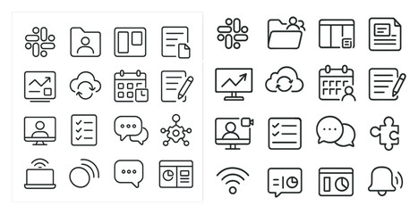 Set of icons for a computer program. The icons include a calendar, a check box, a clock, a person, a laptop, a phone, a computer monitor, a keyboard, a mouse, a cloud, a book, a folder