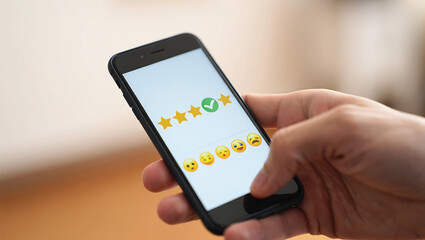 Hand holding smartphone displaying star rating and emojis stars