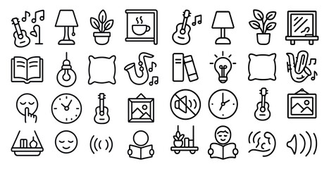 Naklejka premium Collection of icons for various objects and activities, including a clock, a guitar, a book, a pillow, a plant, and a cup