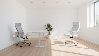 Empty modern office with white desk and chairs interior