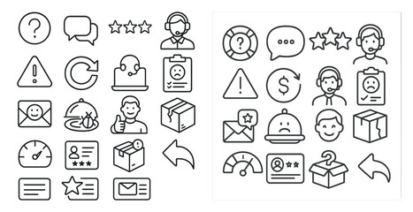 The image is a collection of icons that represent various services and tasks. The icons include a clock, a box, a smiley face, a star, a question mark, a dollar sign, a box with a man inside