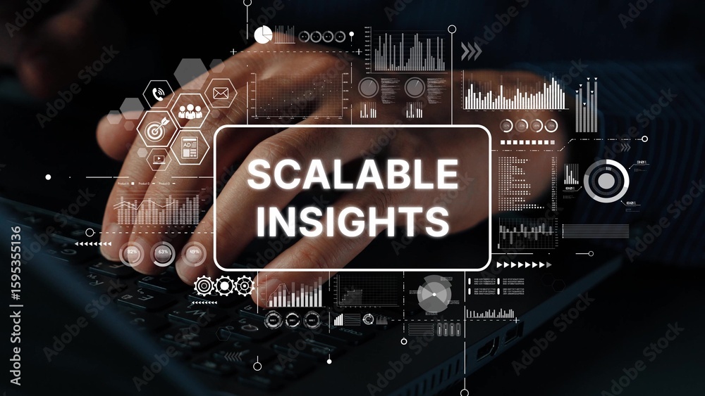 Poster hands typing on keyboard surrounded by data visualizations and metrics representing scalable insight