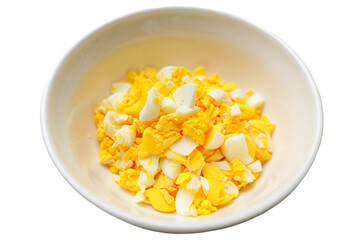 Crumbled egg served in a white bowl isolated on transparent background

