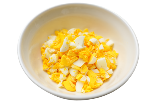 Crumbled egg served in a white bowl isolated on transparent background
