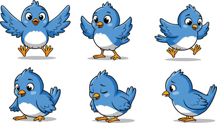 Cartoon blue bird character set in varied poses and moods, orange beak and feet, cad drawing flat vector illustration