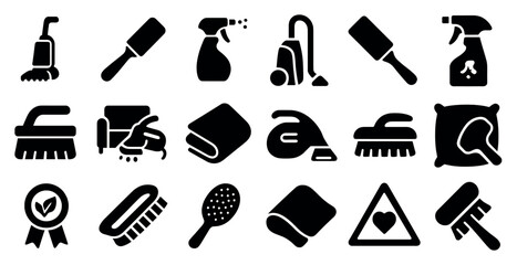 Collection of cleaning tools and supplies. The image is black and white. Scene is practical and utilitarian