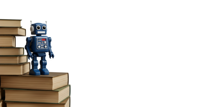 Blue Retro Robot - Sitting on Stack of Books, AI Learning, Knowledge, Education, Retro Technology, Childhood, Study, Robot Toy, Digital Intelligence