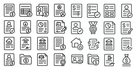 Set of line drawings of various documents and money, including a check, a contract, a bill, and a bank statement