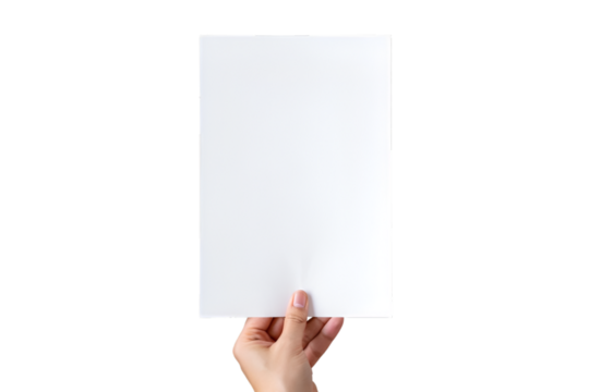 Human hand holding blank paper sheet clearly isolated on transparent background
