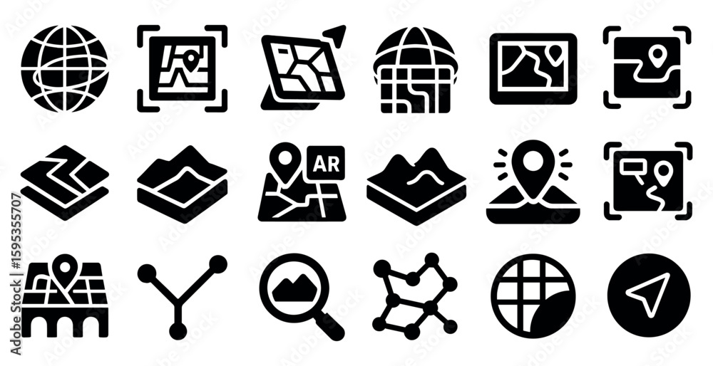 Poster collection of icons for navigation and mapping. some of the icons include a globe, a magnifying glas