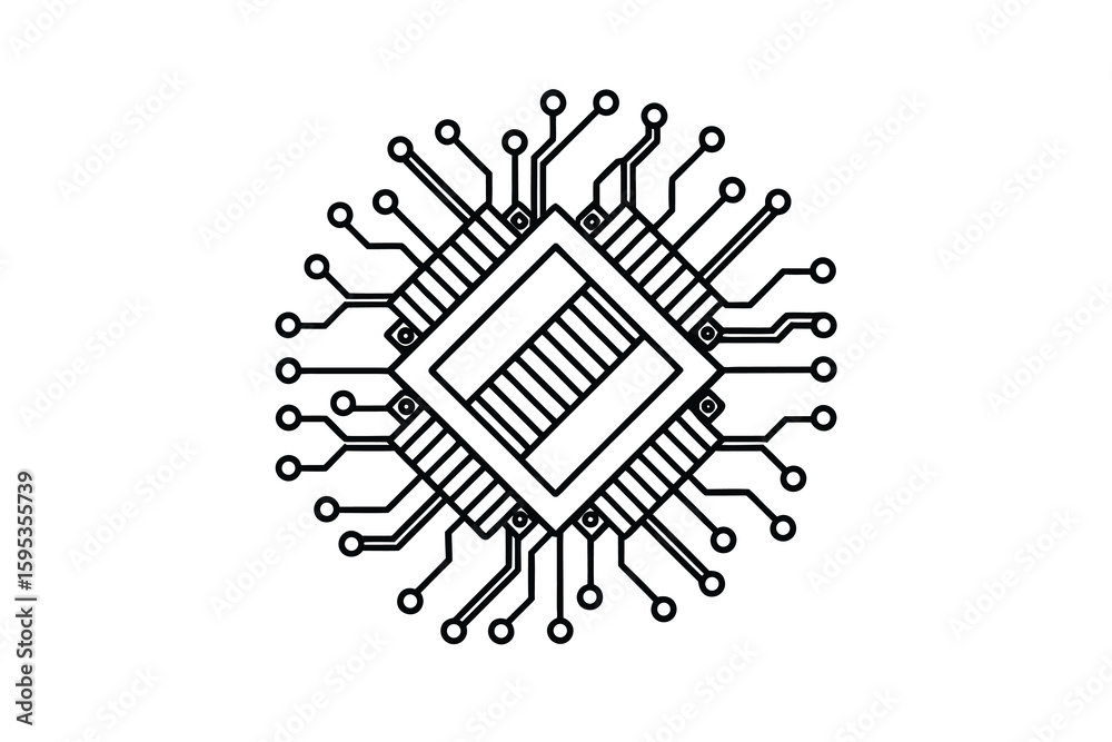 Poster minimalist line art of a microchip representing technology computing and innovation in a clean and m