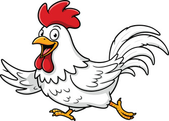 Happy cartoon chicken running with wings spread, smiling expression, white feathers and red comb, flat vector cad drawing illustration