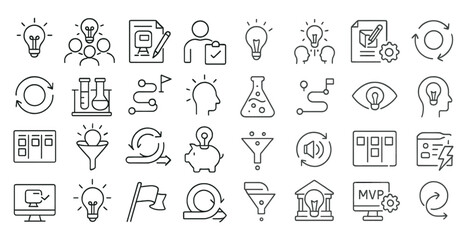 Collection of icons that represent various concepts and ideas. The icons include a light bulb, a person with a clipboard, a person with a pen, a person with a book, a person with a computer