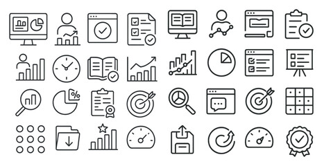 Collection of icons and symbols, including a clock, a book, a computer monitor, and a person