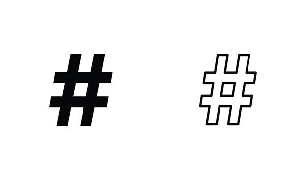Hashtag Symbol in Solid Black and Outline on White Background