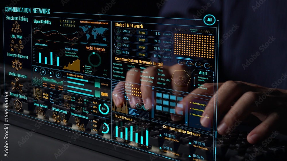 Poster data center monitoring dashboard visualize network performance, connection status, usage rate, and t