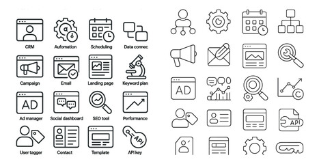 The image is a collection of icons for various computer programs and services. The icons are arranged in two columns, with the top column featuring icons for email, advertising, and other services