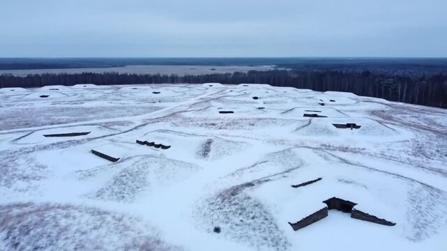 A winter aerial view showcases the snowcovered bobruisk fortress in belarus, a historic military fortification with unique architecture amidst a cold and frosty landscape
