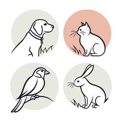 Naklejka premium Set of 4 animal icons vector, dog, rabbit, bird