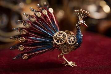 Intricate mechanical peacock displaying vibrant colors and fine craftsmanship in a vintage setting