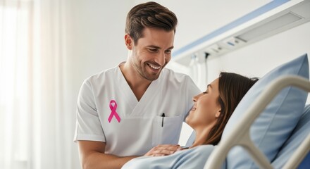 Obraz premium A Kind Male Nurse Comforts a Female Patient in a Hospital Bed with a Pink Ribbon Symbolizing Support