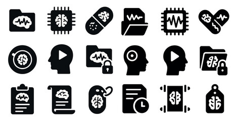 Collection of black and white icons that represent various aspects of technology and the human brain. The icons include a computer, a brain, a heart, a file folder, and a book