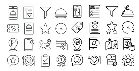 Collection of icons for a restaurant menu. The icons include a clock, a star, a fork, a knife, a spoon, a menu, a credit card, a check, a phone, a tablet, a map, a star