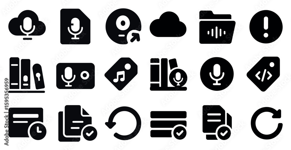 Poster collection of icons for various computer programs and devices. the icons include a microphone, a boo