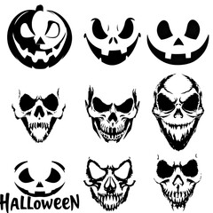 set of scary and funny pumpkin and ghost face silhouettes for halloween on transparent background. Vector illustration.