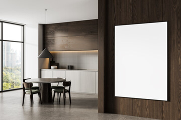 Modern kitchen interior with blank framed poster mockup on dark wood wall, clean and minimalistic concept for home design presentation template. 3D Rendering