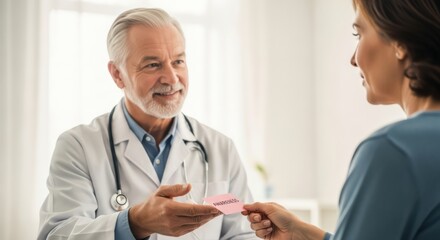 Doctor Giving Patient a Small Pink Card During Consultation in a Bright Room
