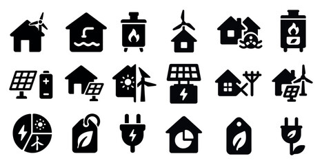 Collection of black and white icons that represent various aspects of energy and sustainability. The icons include a house, a windmill, a solar panel, a clock, and a house with a fire