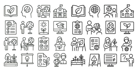 Collection of icons that represent various aspects of education and learning. The icons include a person reading a book, a person holding a clipboard, a person holding a plant