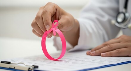 Doctor holding pink ribbon for breast cancer awareness and support