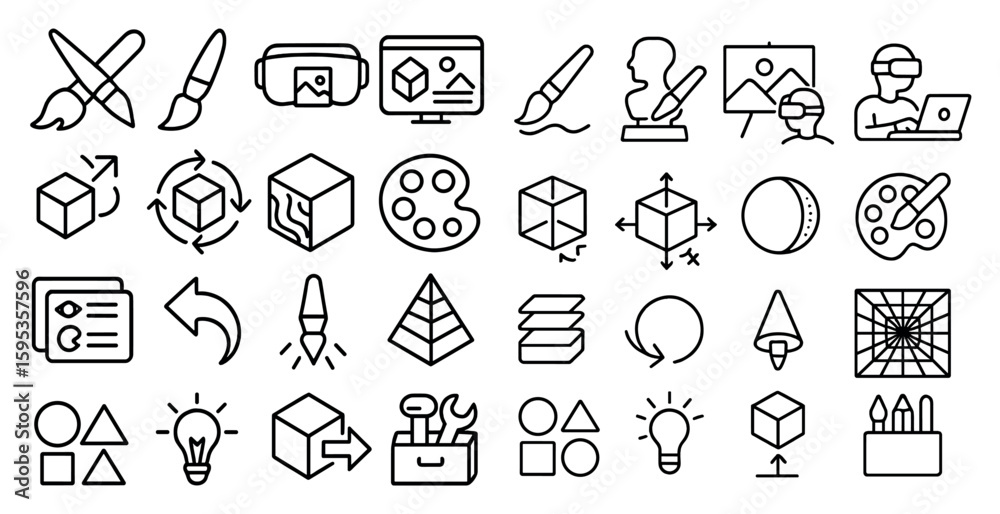 Poster set of icons for various art and design concepts. some of the icons include a cube, a triangle, a ci